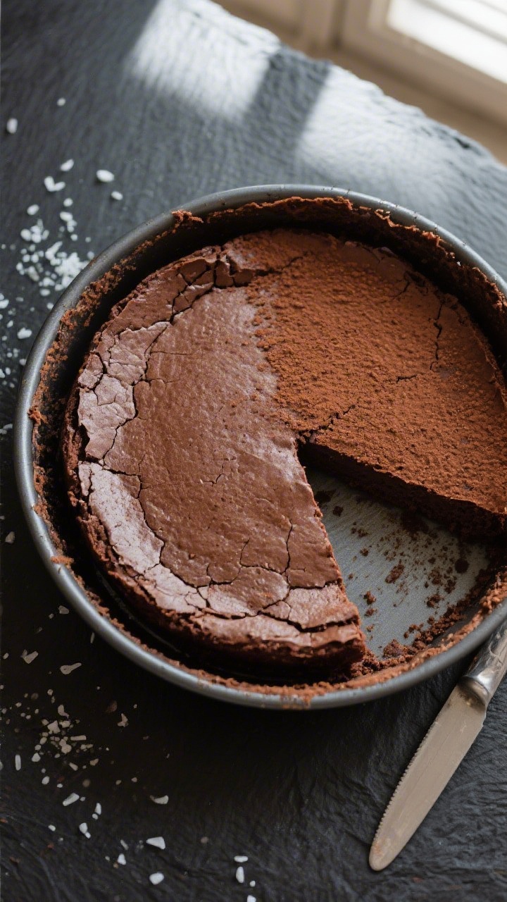 Overhead “just baked” stage: Freshly baked flourless chocolate torte still in the 8-inch pan, ed