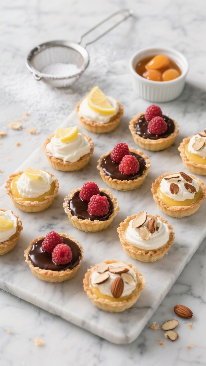 Overhead “tasty top” variation board: Array of mini puff pastry tarts on a cool-toned marble sur
