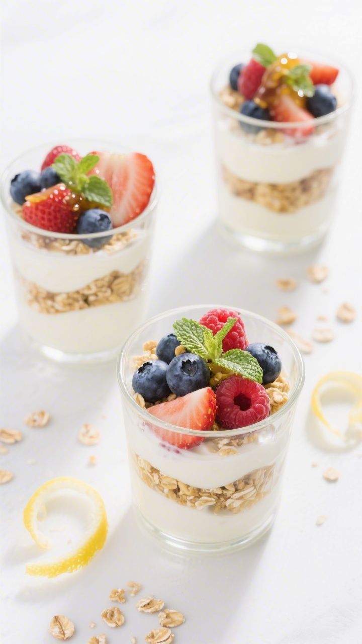 Overhead tasty top view: Assembled Lemon Berry Yogurt Parfaits in clear glass tumblers, neat layers 