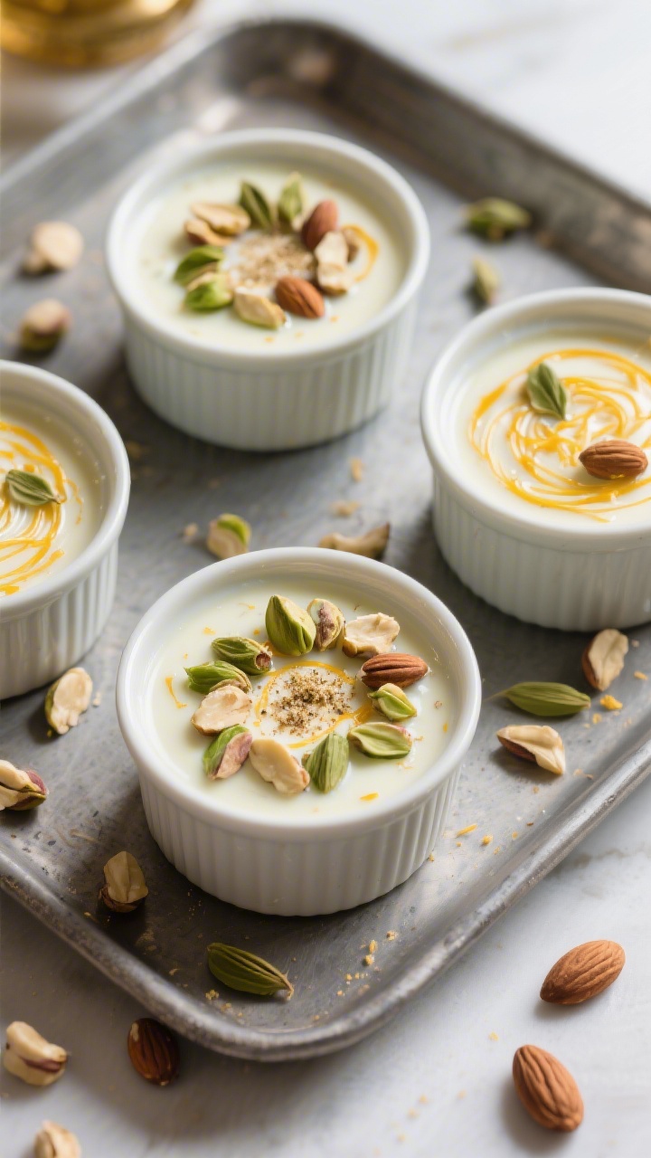 Overhead “tasty top view”: Chilled, thicker kheer presented in small ramekins, each topped with 