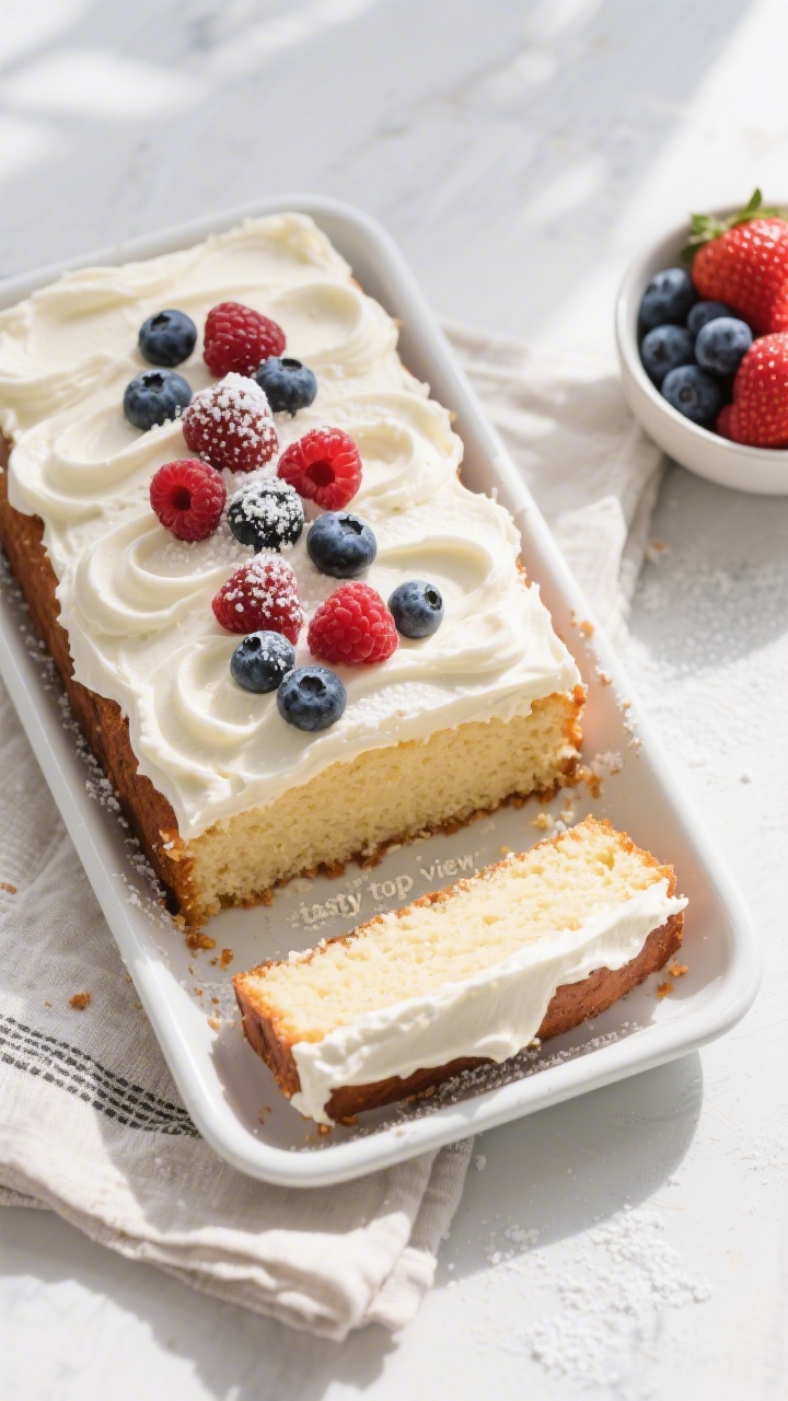 Overhead “tasty top view” of a 9x13 sheet cake topped with swoops of cream cheese frosting, fini