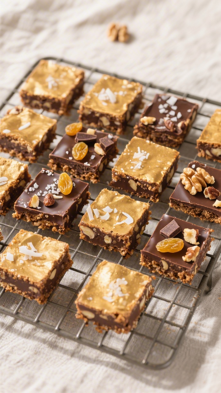 Overhead “tasty top view” of a cooling rack with sliced squares arranged in a neat grid, a few p