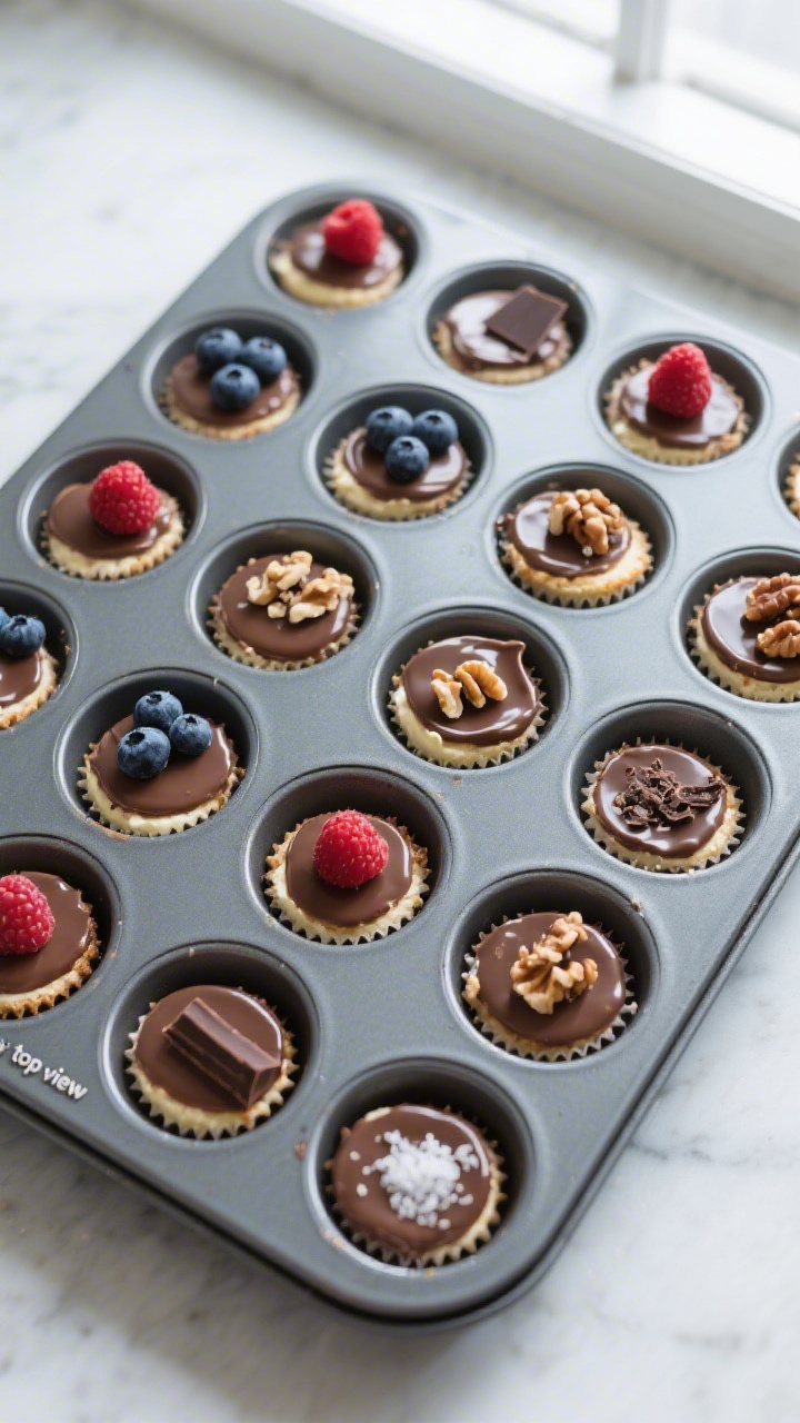 Overhead “tasty top view” of a full 24-count mini muffin pan filled with prepared cheesecakes at