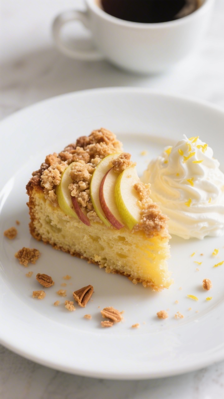 Overhead “tasty top view” of a single plated slice served warm: soft, lightly sweet yellow crumb