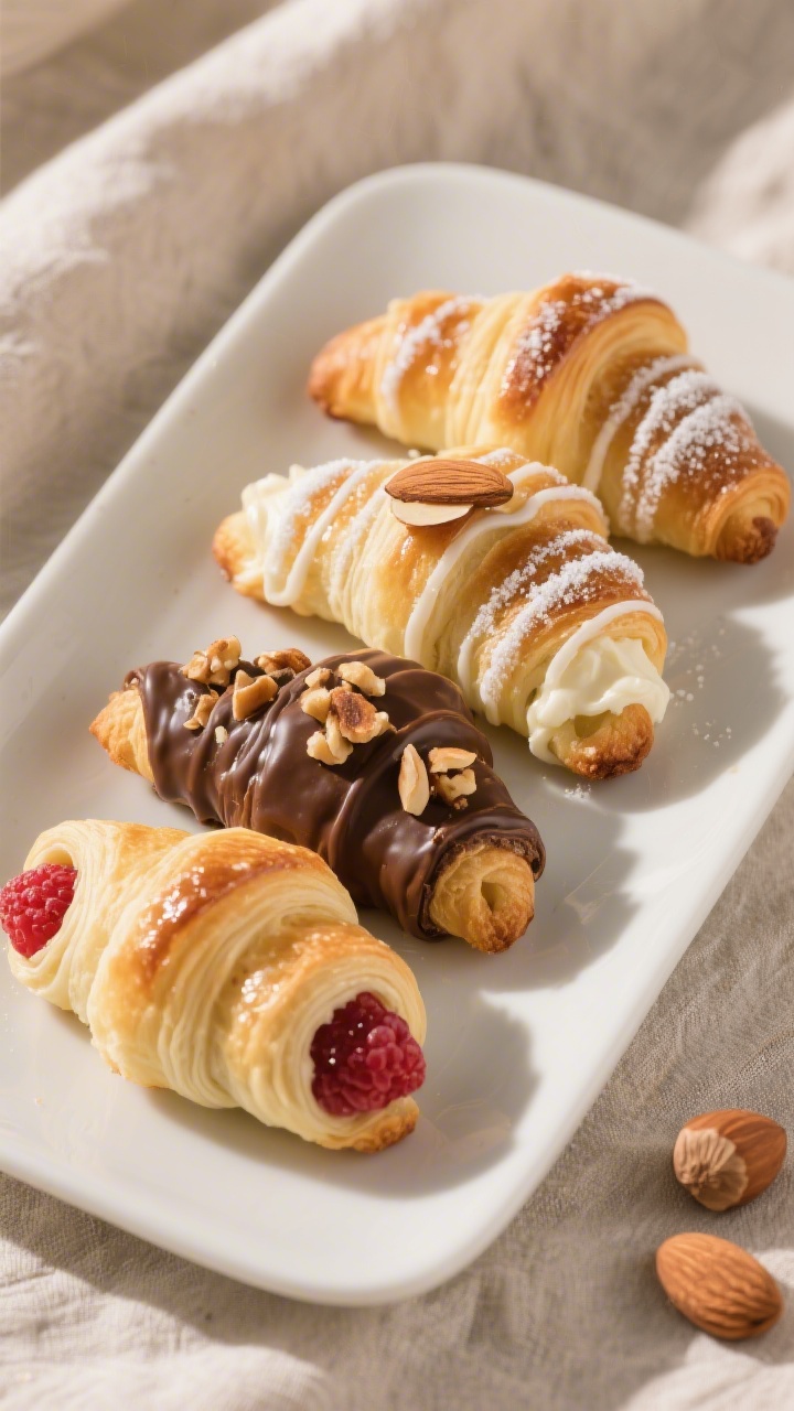 Overhead “tasty top view” of a small platter of assorted filled crescent rolls drizzled with a t