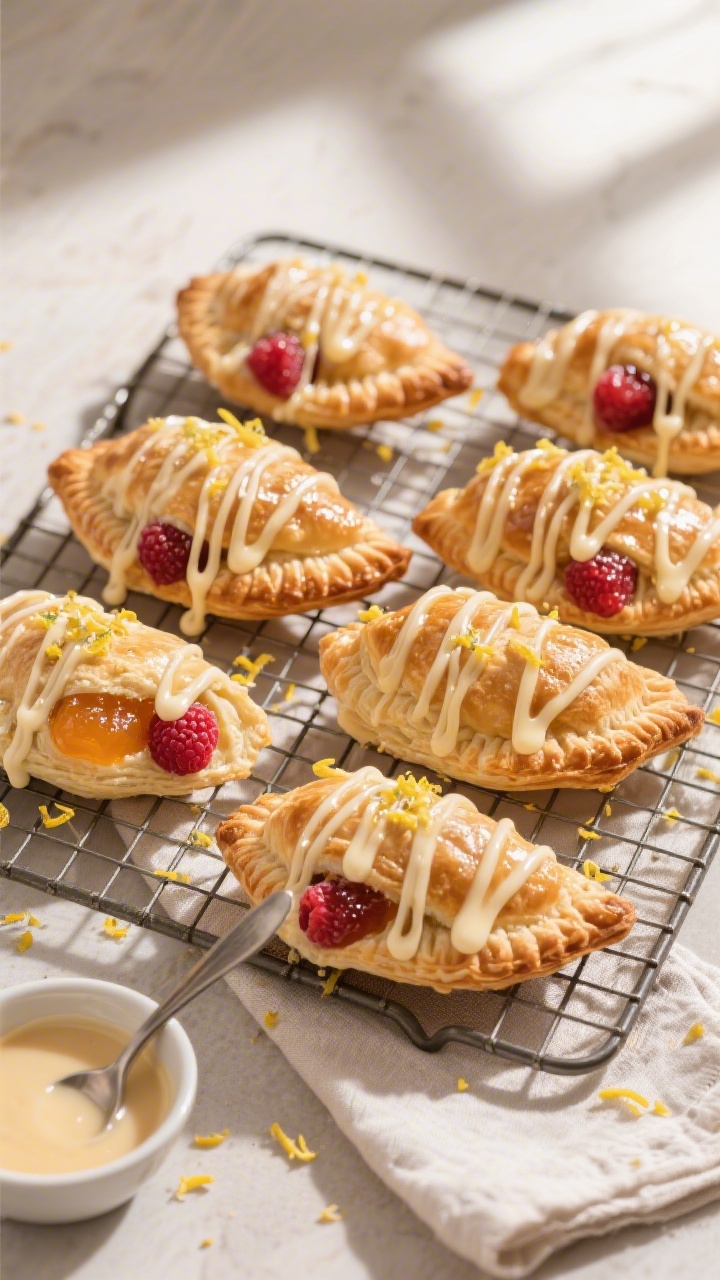 Overhead tasty top view of six glazed puff pastry pockets on a cooling rack: neat fork-crimped edges