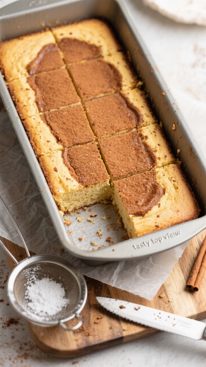 Overhead “tasty top view” of the cake baked in a 9x13 pan with the optional cinnamon-sugar layer