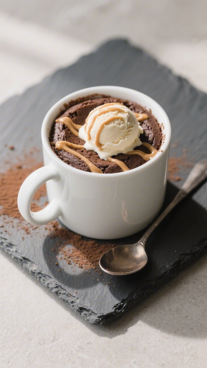 Overhead “tasty top view” of the final chocolate mug cake topped with a single scoop of vanilla