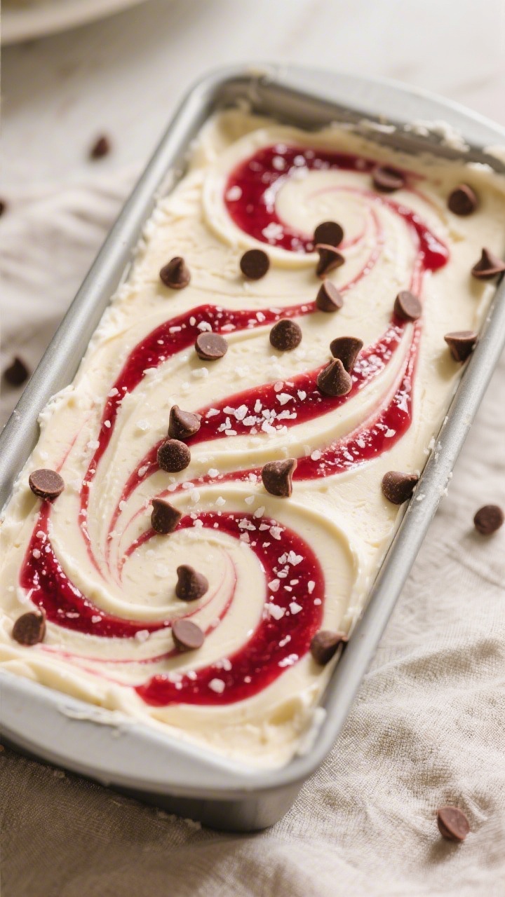 Overhead “tasty top view” of the finished no-churn ice cream swirled with raspberry jam and spri