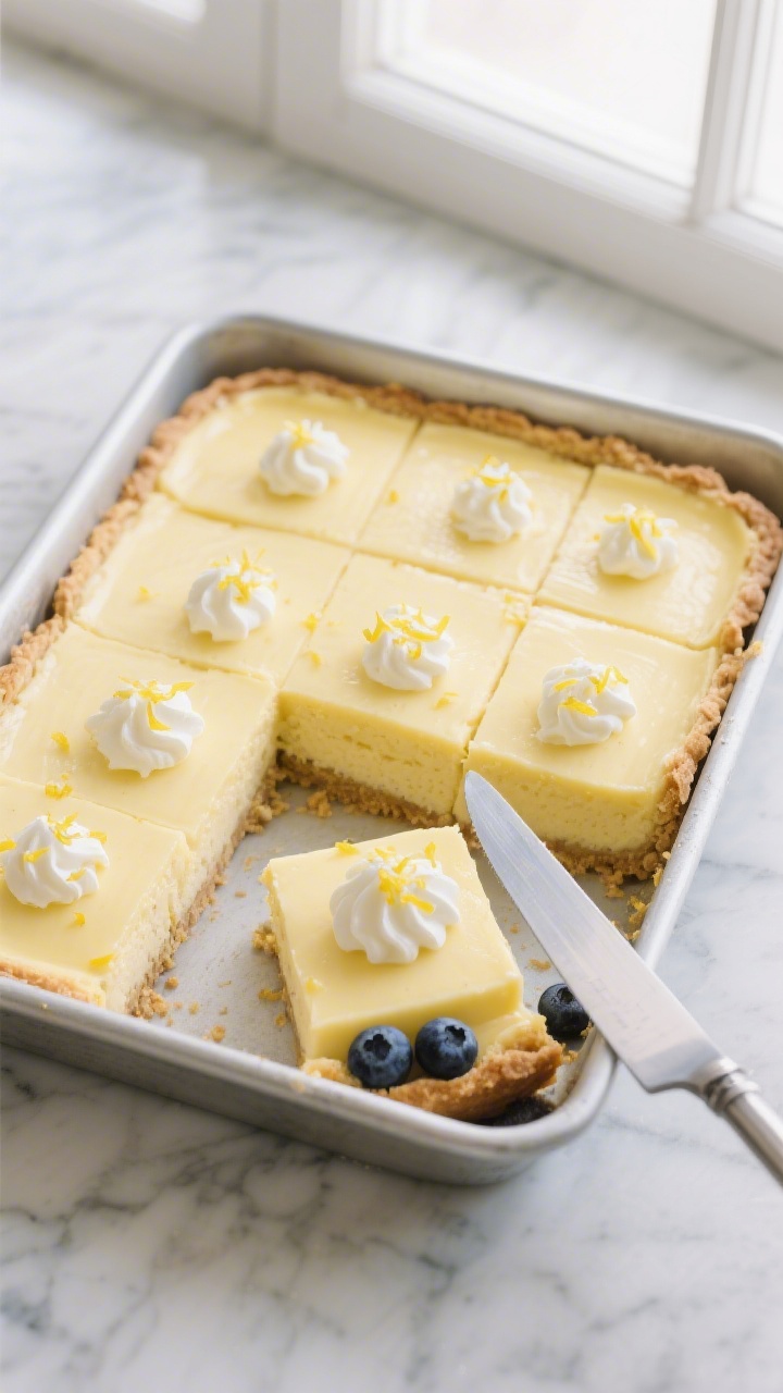 Overhead “tasty top view” of the fully set lemon dessert sliced cleanly into neat squares in a s