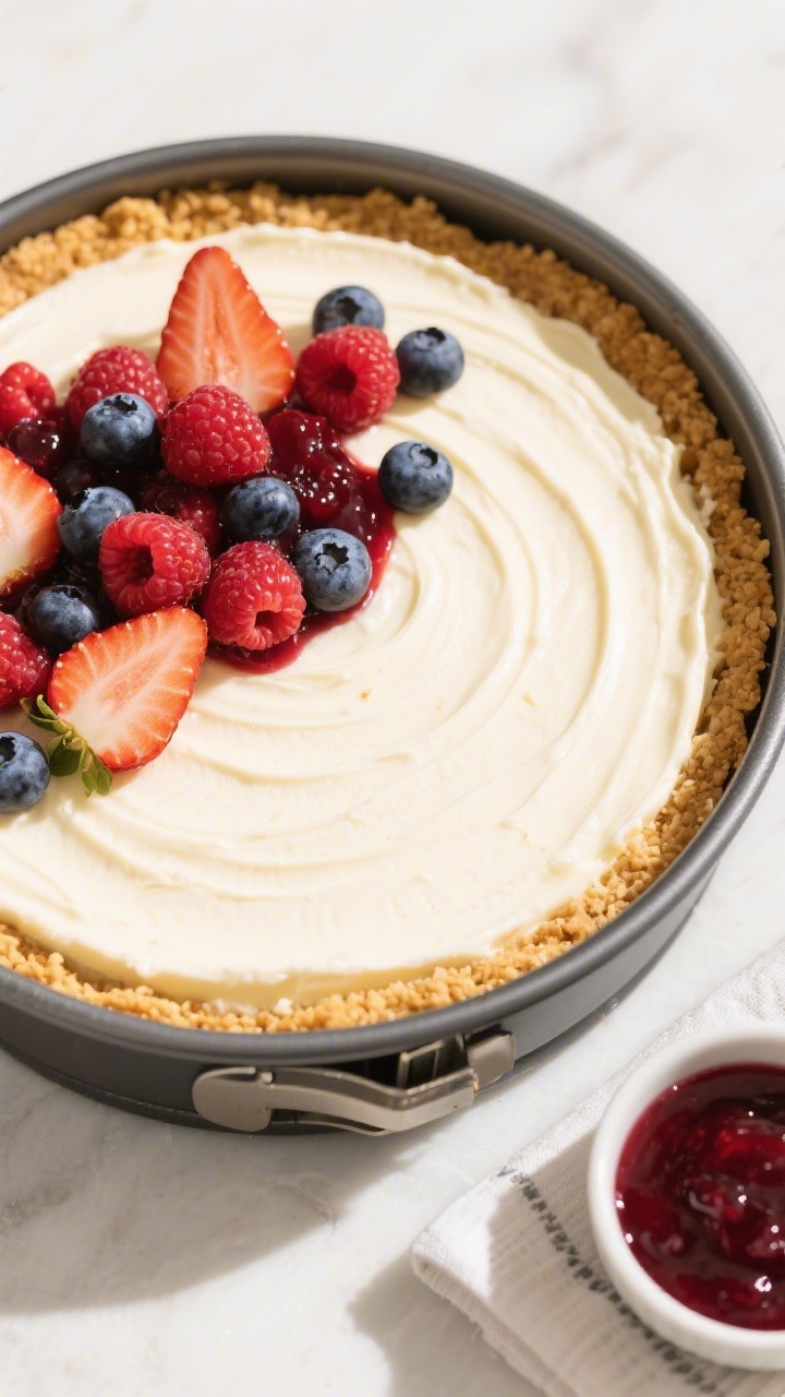 Overhead tasty top view of the set no-bake cheesecake in an 8–9 inch springform pan: smooth, perfe