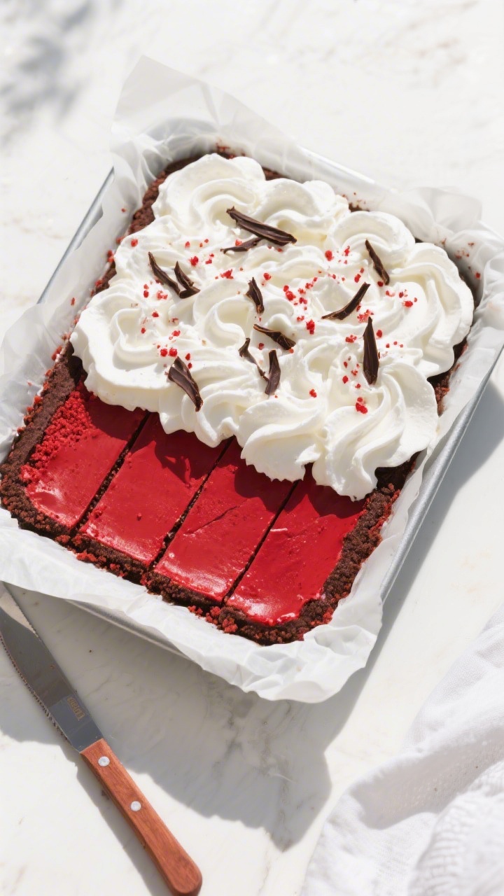 Overhead “tasty top view”: The fully set no-bake red velvet dessert in an 8x8 pan, topped with a