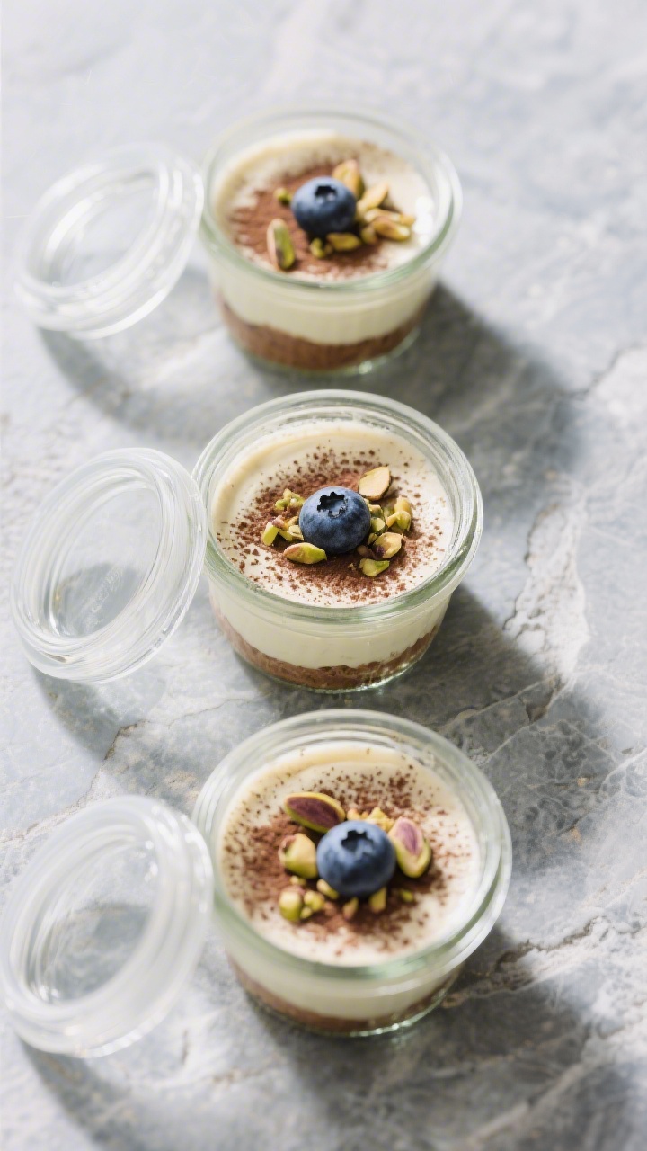 Overhead tasty top view: Trio of make-ahead mousse portions in small lidded glass jars, lids off, sh