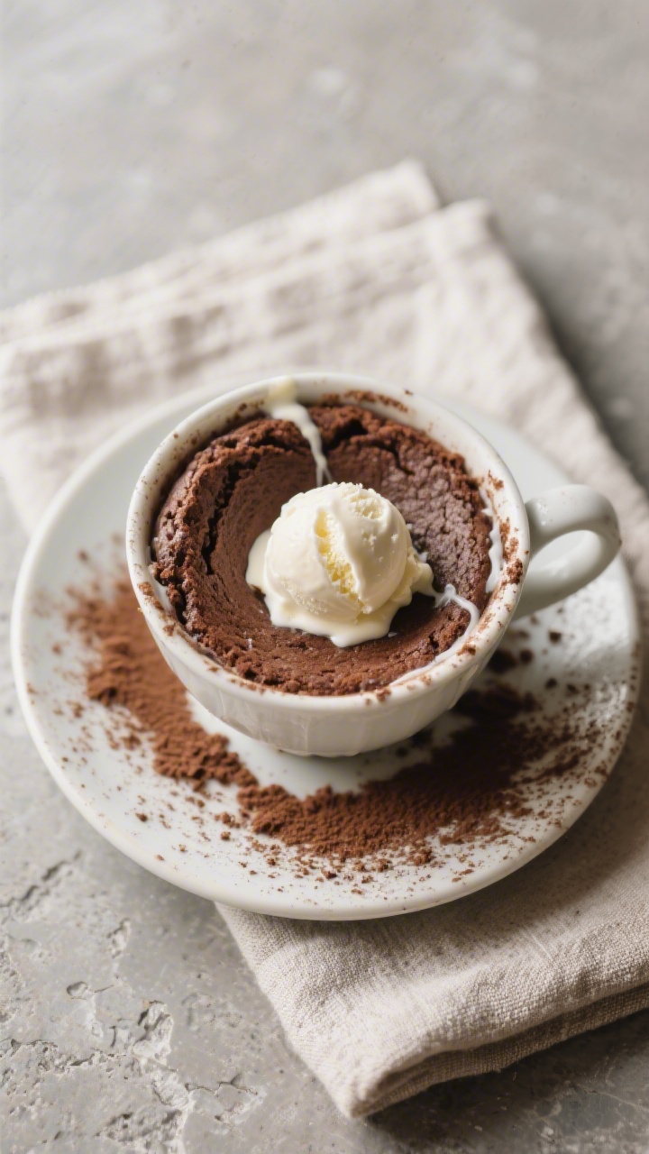 Overhead top-down shot of the finished chocolate mug cake topped with a small scoop of vanilla ice c