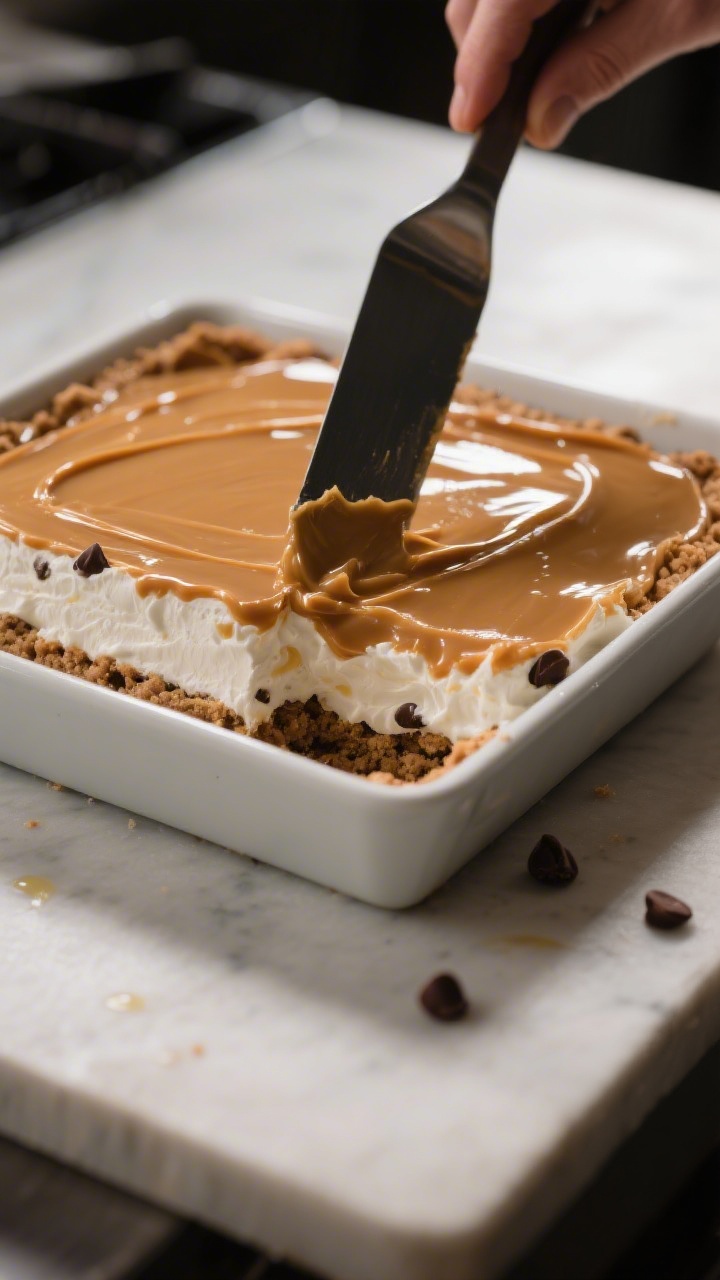 Process action (no people): The “Layer it up” step captured mid-assembly—an offset spatula smo