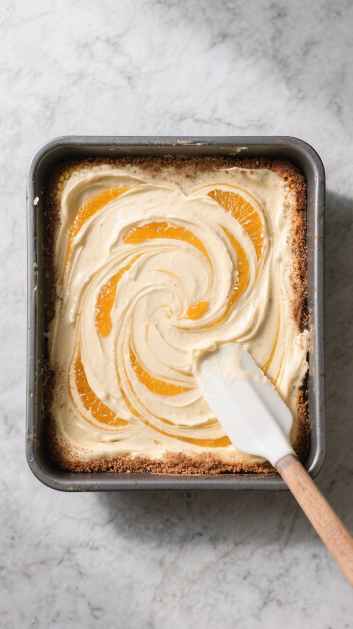 Process-in-pan scene: Overhead shot of the batter just smoothed into an 8-inch square pan, marbled w