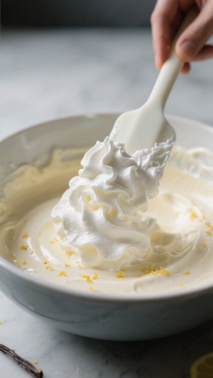 Process shot focusing on the folding technique: the whipped cream being gently folded into the sweet