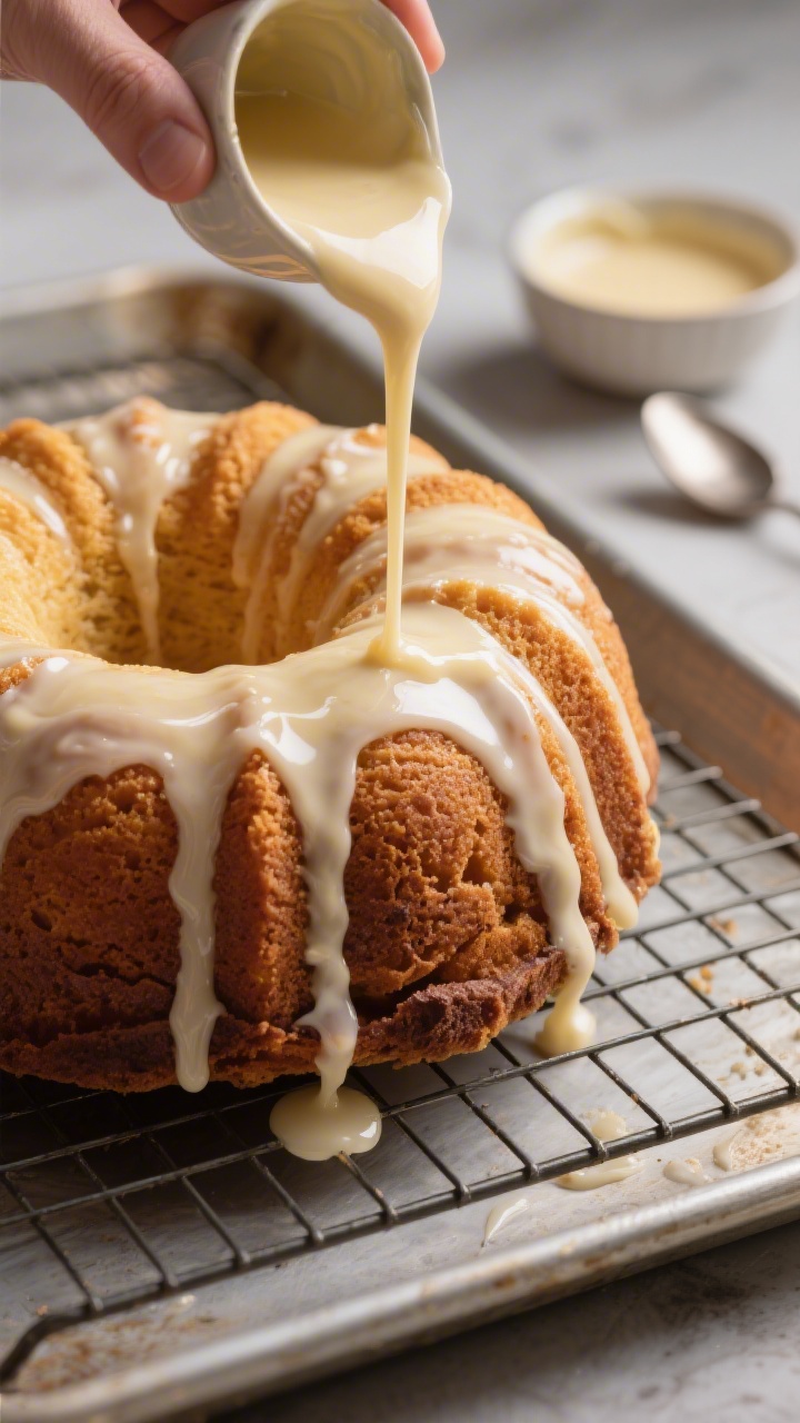 Process shot of a fully cooled Bundt cake being glazed: glossy vanilla glaze in a thin ribbon mid-po