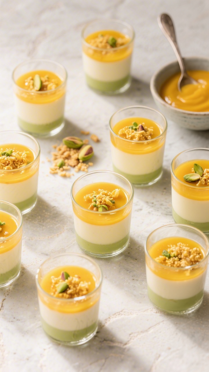 Tasty overhead shot for serving: of multiple small glasses of the dessert arranged on a light stone 