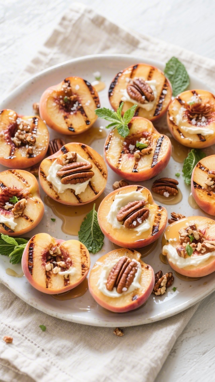Tasty top-down presentation: Overhead shot of a shareable platter featuring multiple grilled peaches