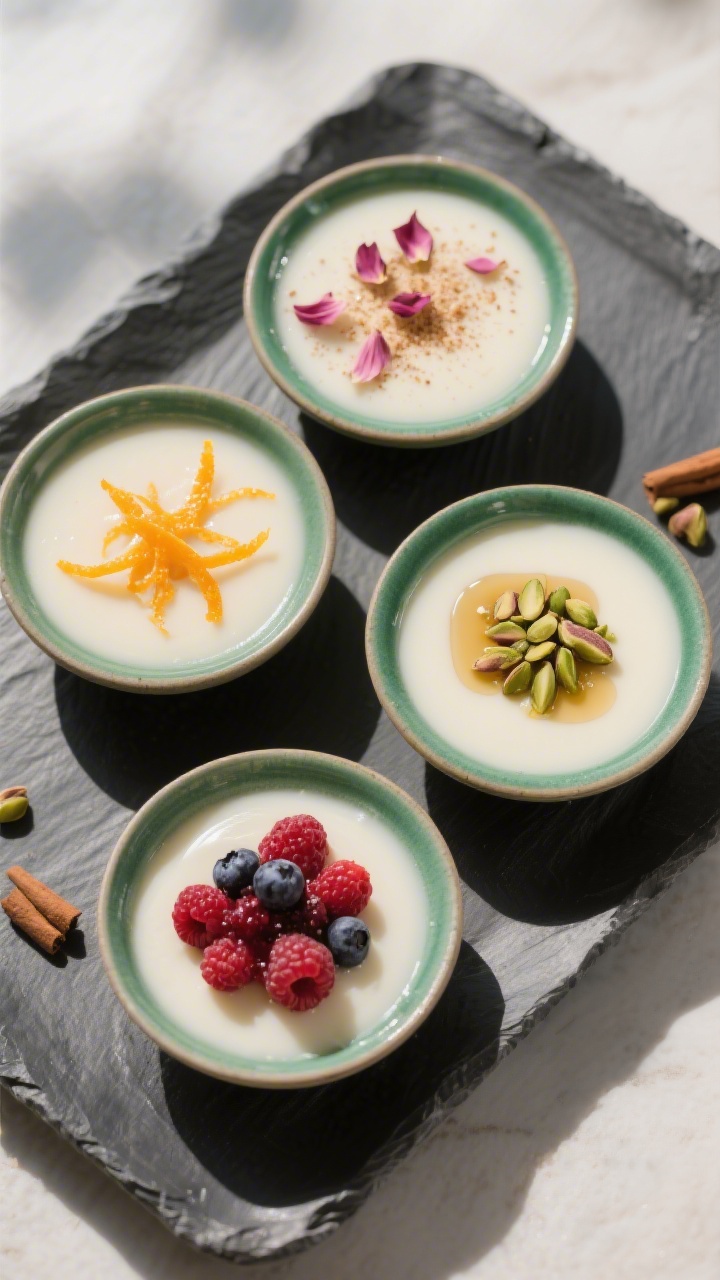 Tasty top-down variety: Overhead shot of four chilled muhallebi bowls on a matte slate tray, each wi