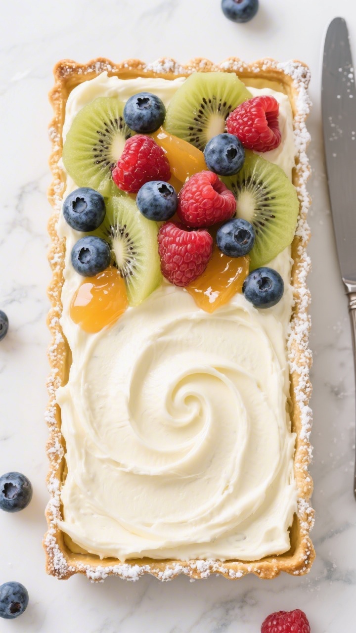 Tasty top view, assembled tart: Overhead shot of a rectangular puff pastry tart cooled and filled wi