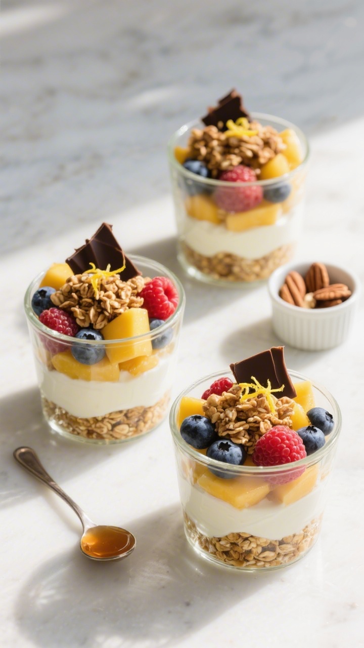 Tasty top view, brunch-ready assortment: Overhead shot of three finished parfaits in short glass bow