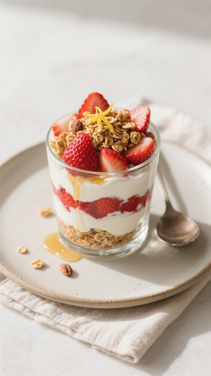 Tasty top view: Overhead shot of a layered strawberry-yogurt parfait in a short tumbler—base of va