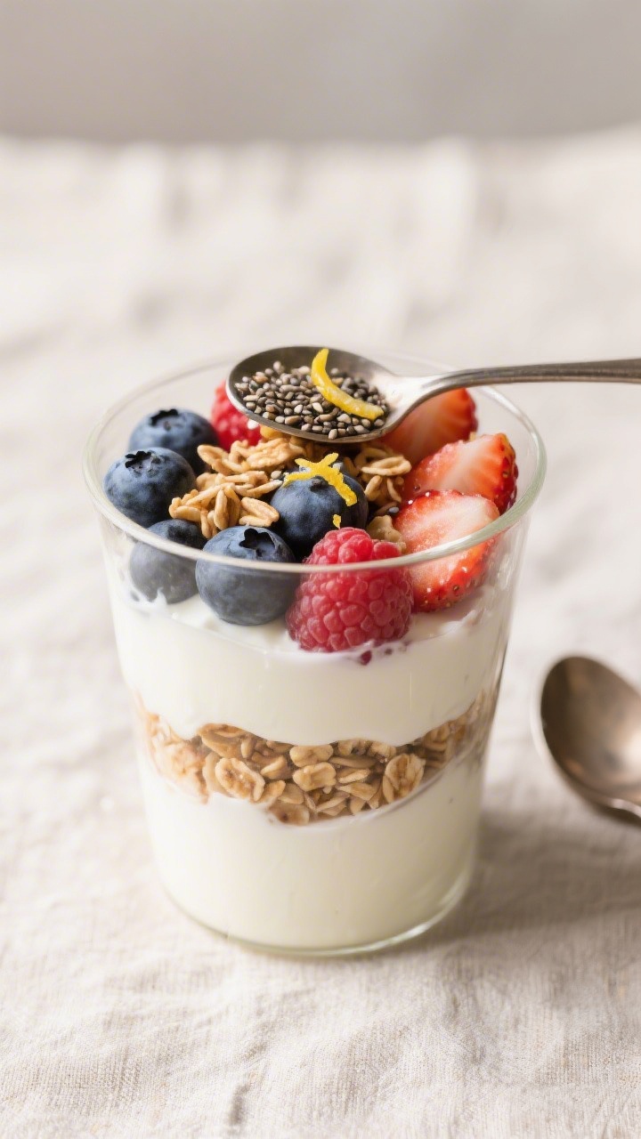 Tasty top view: Overhead shot of a parfait mid-assembly in a clear tumbler—distinct layers of vani