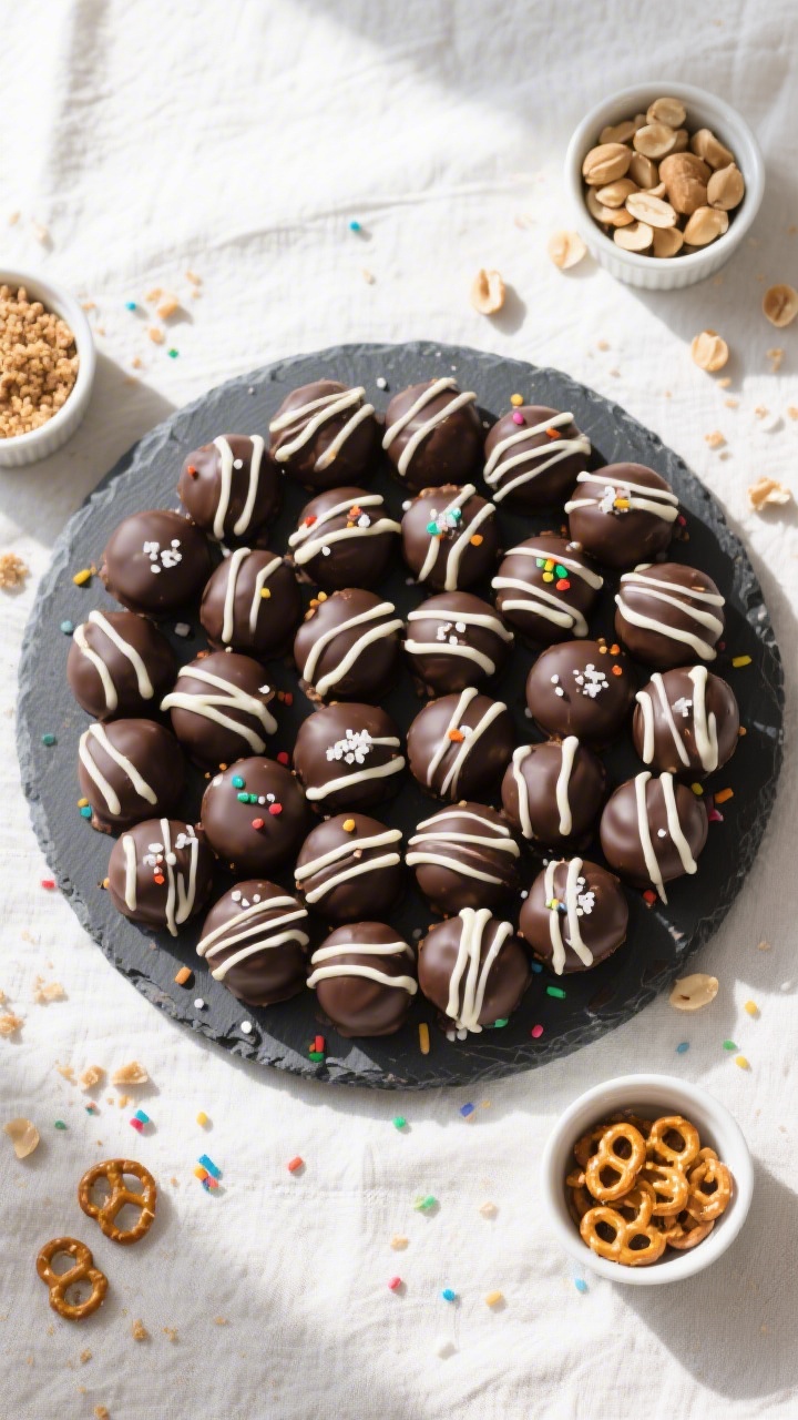 Tasty top view: Overhead shot of a party-ready platter of no-bake chocolate peanut butter bites arra