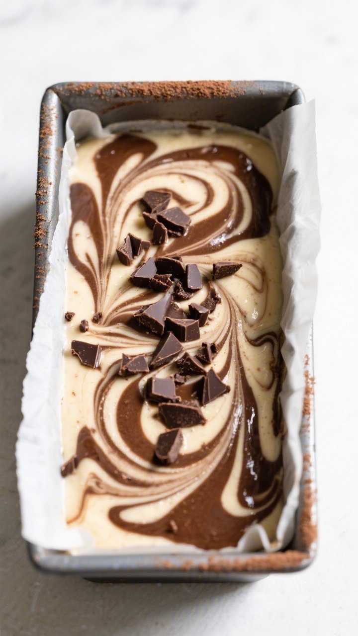 Tasty top view: Overhead shot of a small loaf pan filled with marbled Coffee Mocha variation—swirl