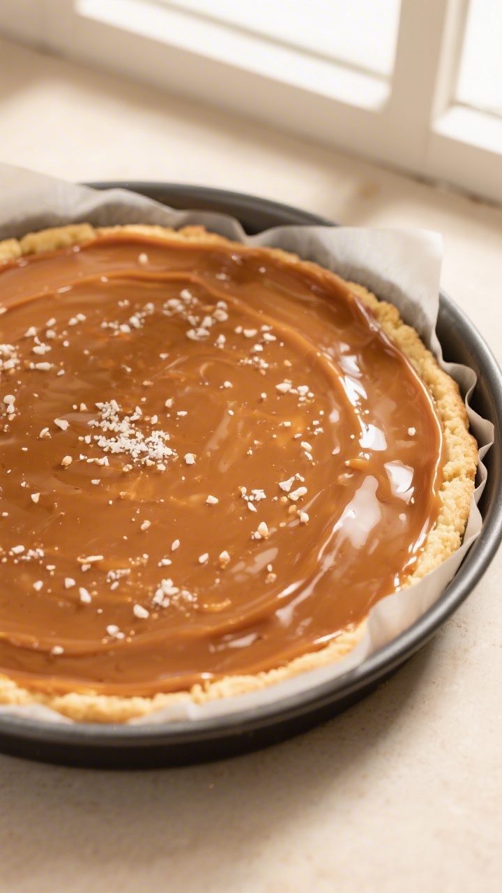Tasty top view: Overhead shot of an 8-inch pan just assembled—even layer of buttery shortbread bas