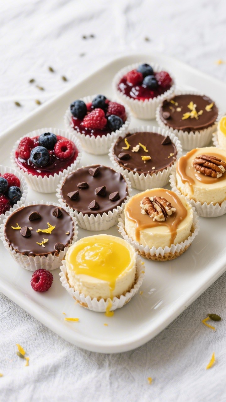 Tasty top view: Overhead shot of an assorted platter of chilled bite-size cheesecake cups on a matte
