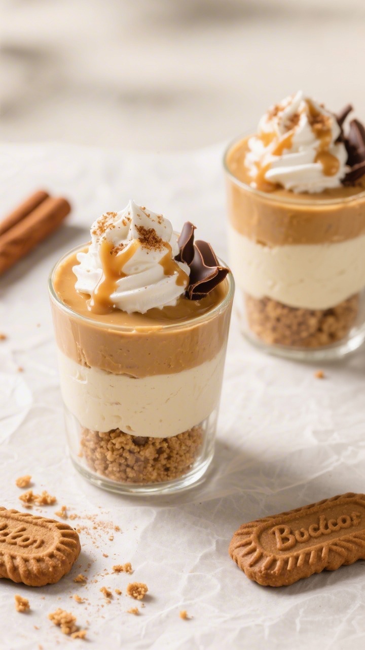 Tasty top view: Overhead shot of assembled cookie butter dessert in clear glass tumblers—distinct 