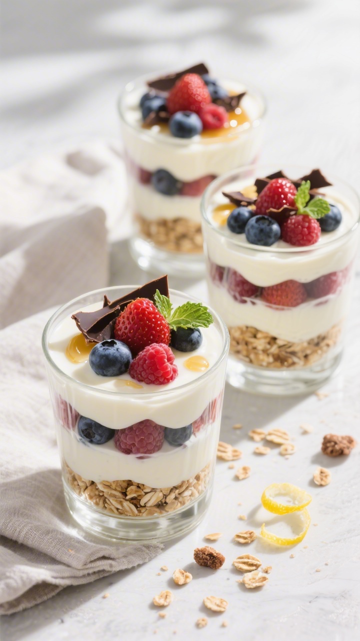 Tasty top view: Overhead shot of assembled creamy berry yogurt parfaits in clear glasses—distinct,