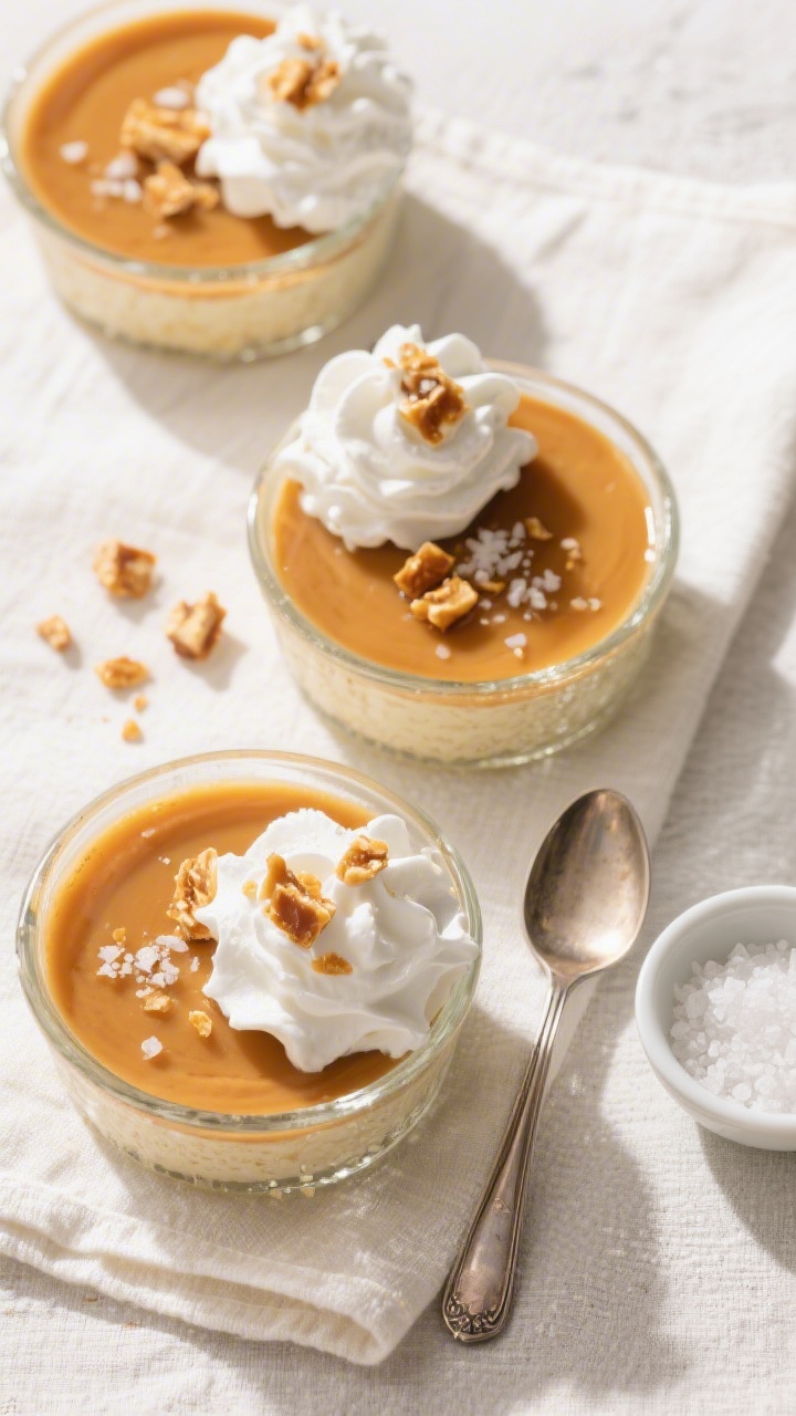 Tasty top view: Overhead shot of chilled butterscotch dessert set in small glass ramekins, topped wi
