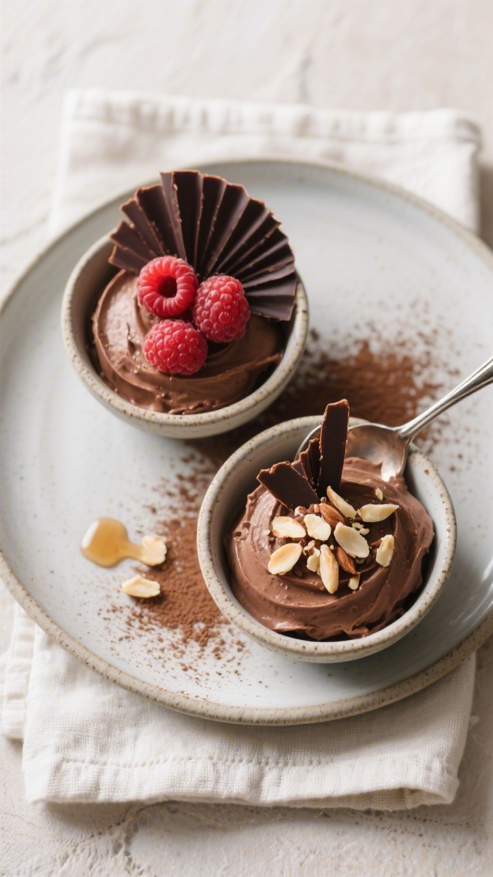 Tasty top view: Overhead shot of chilled chocolate mousse spooned into small ceramic bowls, topped w