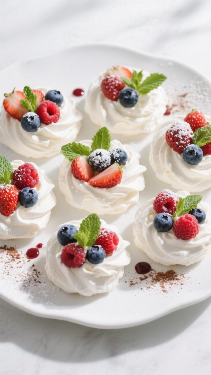 Tasty top view: Overhead shot of cloud-like meringue nests filled with softly whipped cream and topp