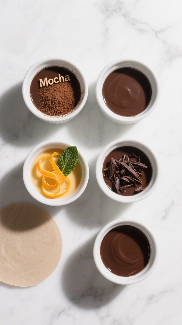 Tasty top view: Overhead shot of four portioned puddings arranged in a neat grid; one garnished “M