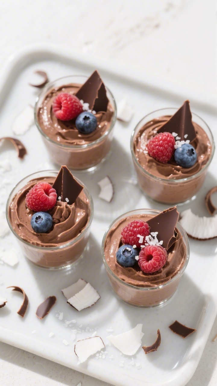 Tasty top view: Overhead shot of four small glasses filled with set no-bake chocolate mousse, impecc