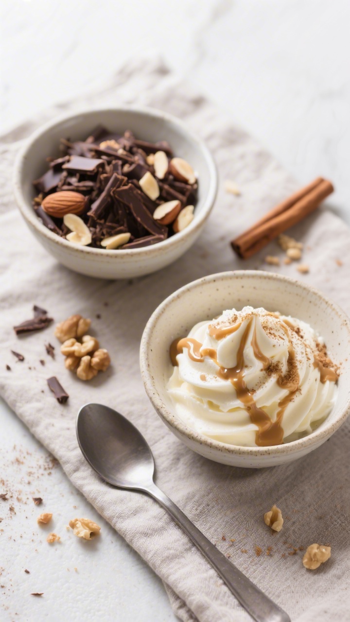 Tasty top view: Overhead shot of freshly scooped banana “soft-serve” in two small ceramic bowls,