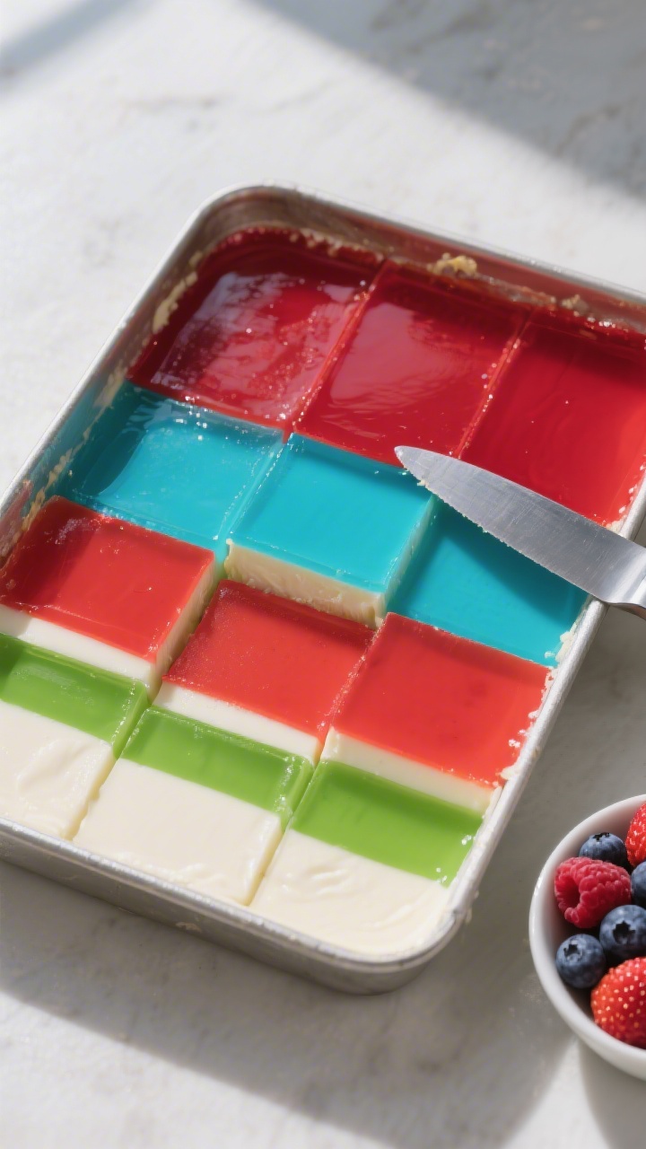 Tasty top view: Overhead shot of fully set, three-layer jelly dessert in the pan—vibrant red, elec