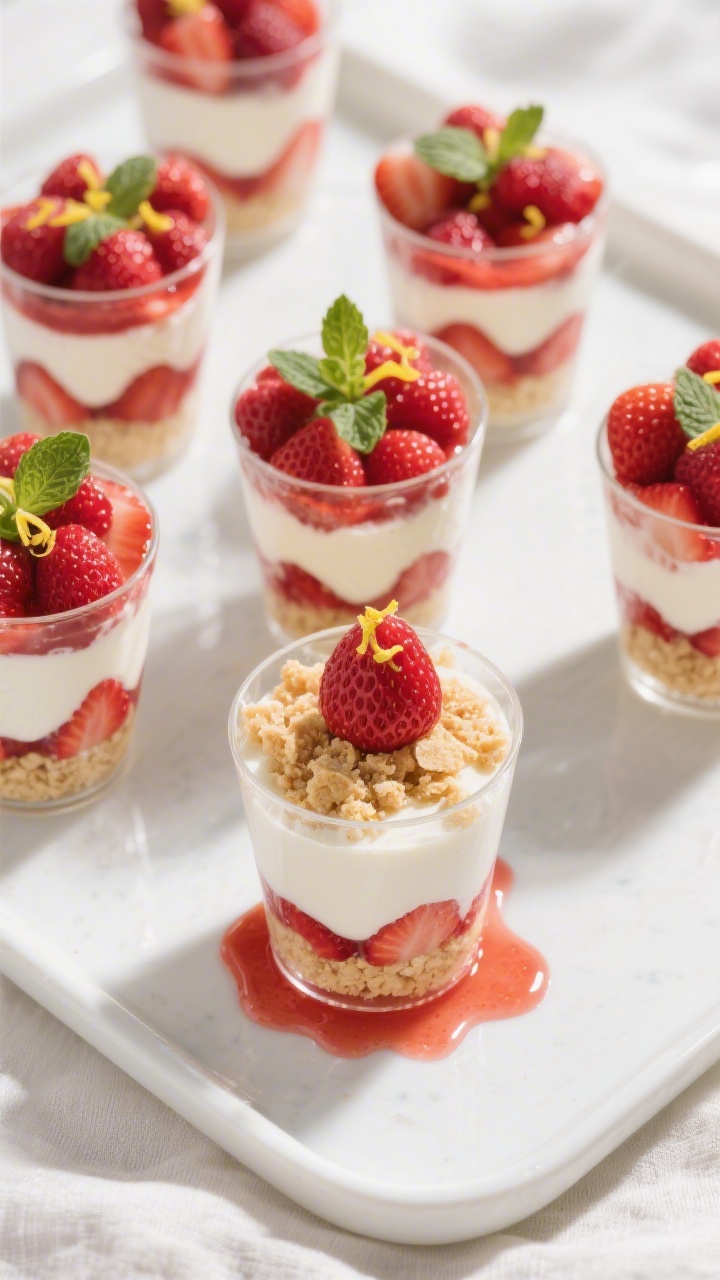 Tasty top view: Overhead shot of individual parfaits arranged on a light tray—alternating layers o