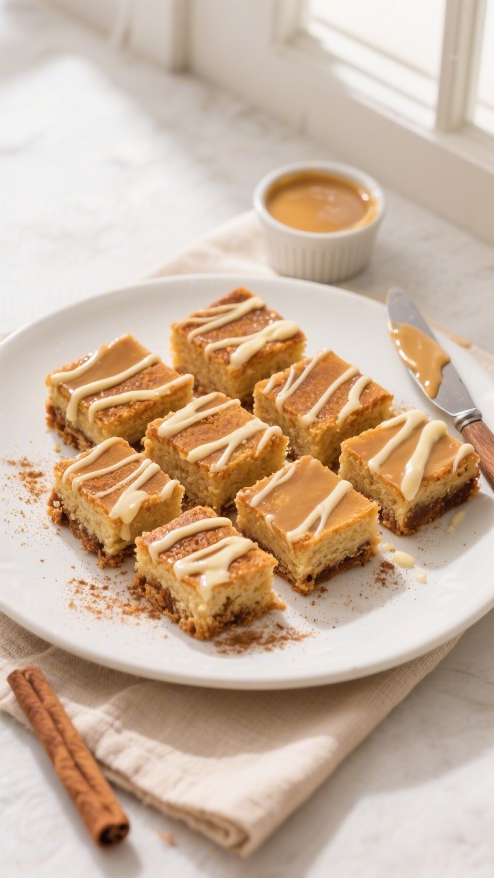 Tasty top view: Overhead shot of neatly sliced cinnamon dessert squares arranged on a matte white pl