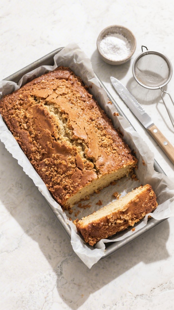 Tasty top view: Overhead shot of the cake still in the parchment-lined 9x13 pan, fresh from the oven
