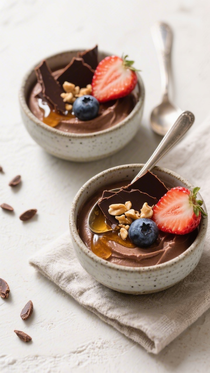 Tasty top view: Overhead shot of the chilled, mousse-like dessert spooned into two small stoneware b