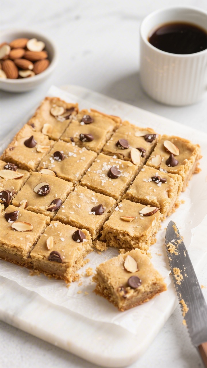 Tasty top view: Overhead shot of the cooled blondies lifted out by parchment and sliced into 12–16