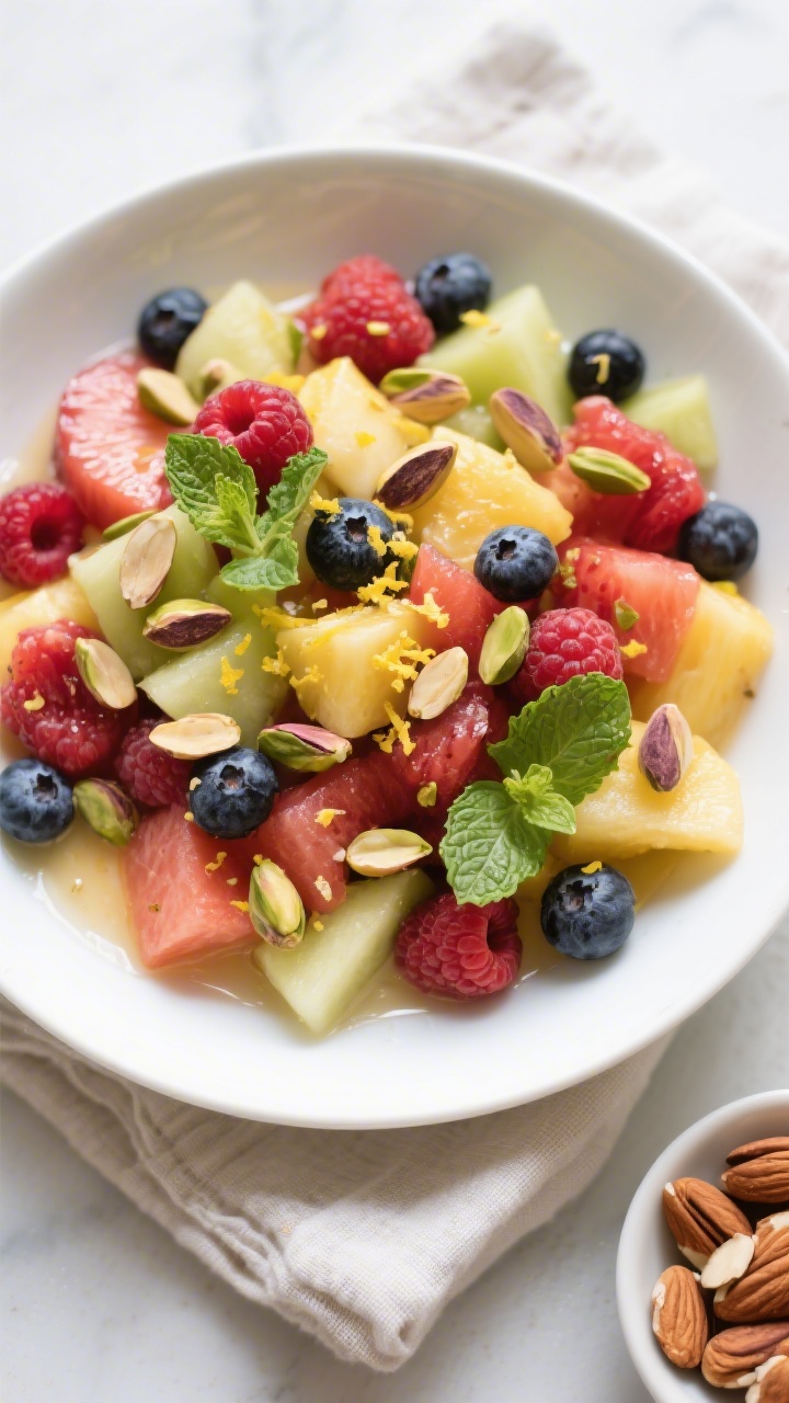 Tasty top view: Overhead shot of the finished fruit salad just before serving, arranged in a wide, l