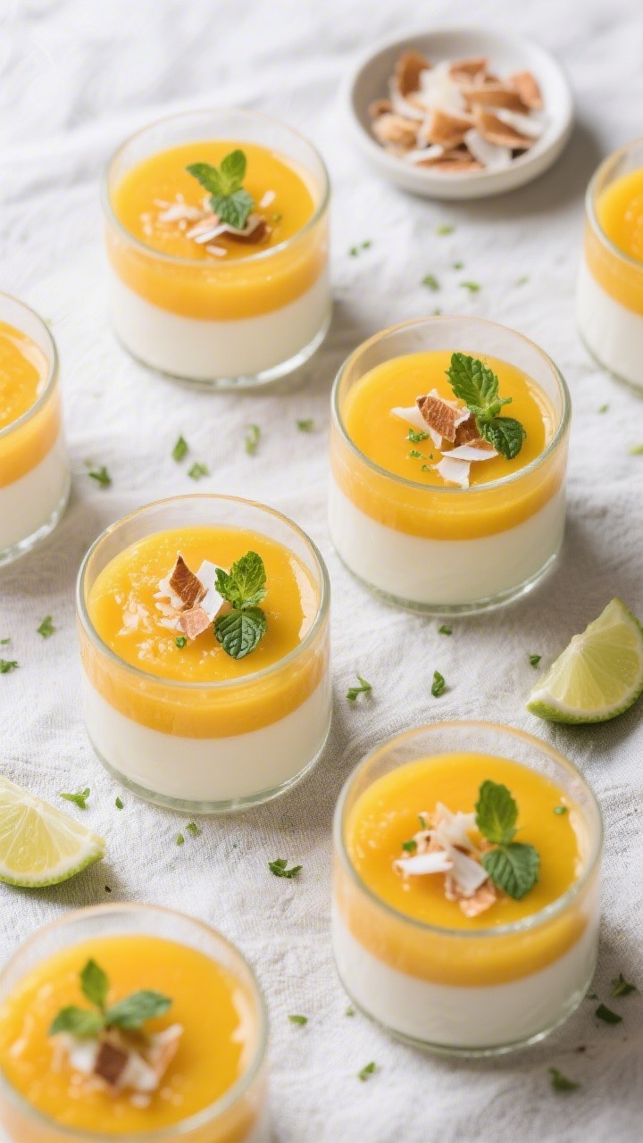 Tasty top view: Overhead shot of the finished no-bake mango coconut panna cotta, two distinct layers