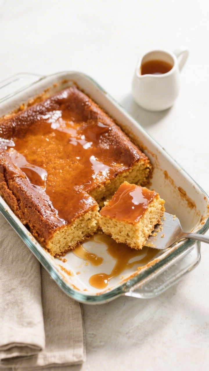Tasty top view: Overhead shot of the full malva pudding in a 9-inch square glass or ceramic dish aft